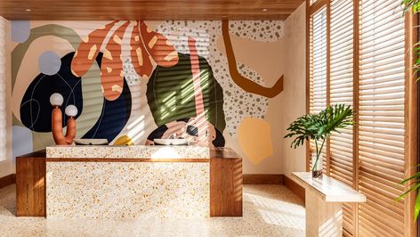 Hotel June — Hotel Review | Condé Nast Traveler Hotel June, Floor Murals, Lamp Color, Pool Rooms, Emily Henderson, Rose Party, Ceramic Base, Buy Original Art, Table Light