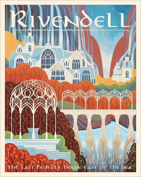 Rivendell, Beverly Arce Hdr Wallpaper, Elvish Tattoo, Tolkien Elves, Film Vintage, Japan Illustration, Tolkien Art, Lotr Art, Retro Travel Poster, Have Inspiration