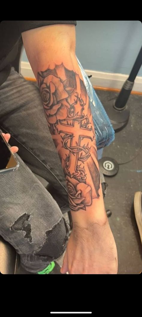 Cross With Thorns, Upper Arm Tattoos For Guys, Thorns Tattoo, Tattoos Forearm, Half Sleeve Tattoos Forearm, Unique Tattoos For Men, Charger Hellcat, Dodge Charger Hellcat, Cool Wrist Tattoos