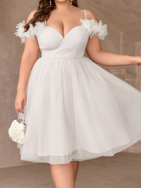 Elegant & Romantic 3D Flower Decorated Spaghetti Strap Plus Size Cocktail Dress With Off Shoulder White   Short Sleeve Mesh Fabric Colorblock,Plain A Line Non-Stretch  Weddings & Events, size features are:Bust: ,Length: ,Sleeve Length: Wedding Reception Dresses For Bride Plus Size, Plus Size White Cocktail Dress, Big Size Dress Parties, Wedding Dress Short Plus Size, Plus Size Reception Dress, Reception Dress Plus Size, Short Plus Size Wedding Dresses, White Wedding Dresses Plus Size, Plus Size Short Wedding Dress