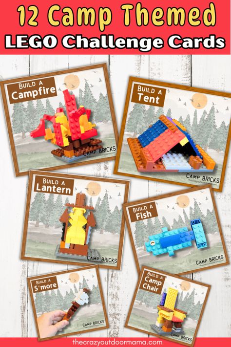 Lego Camping Ideas, Lego Camp Ideas, Lego Camping, Lego Challenge Cards, Lego Building Ideas, Lego Stem, Lego Library, June Ideas, Lego Camp