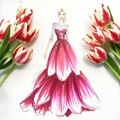 Fresh "peppermint" tulips and fresh inspiration. Tulip Fashion, Victorian Cards, Holly Nichols, Fashion Model Sketch, Fashion Illustration Tutorial, Fashion Illustration Collage, Moda Floral, Fiber Sculpture, Fashion Illustrations Techniques