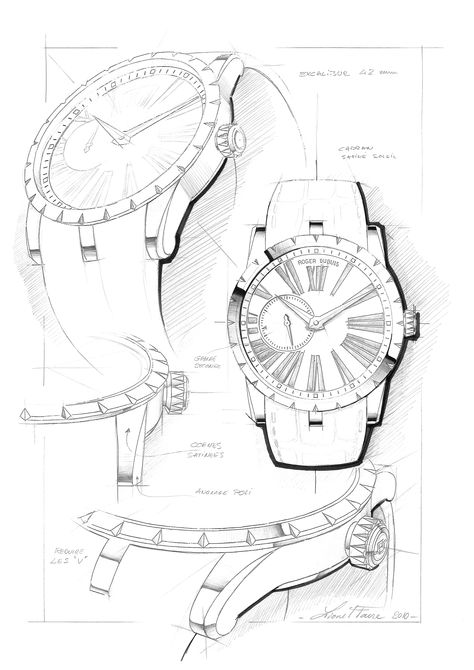 Design sketch for the Excalibur 42 collection Watch Sketch Design Illustrations, Watch Design Concept, Product Sketching, Horology Design, Watch Sketch, Product Sketches, Watch Drawing, Conceptual Sketches, Design Sketching