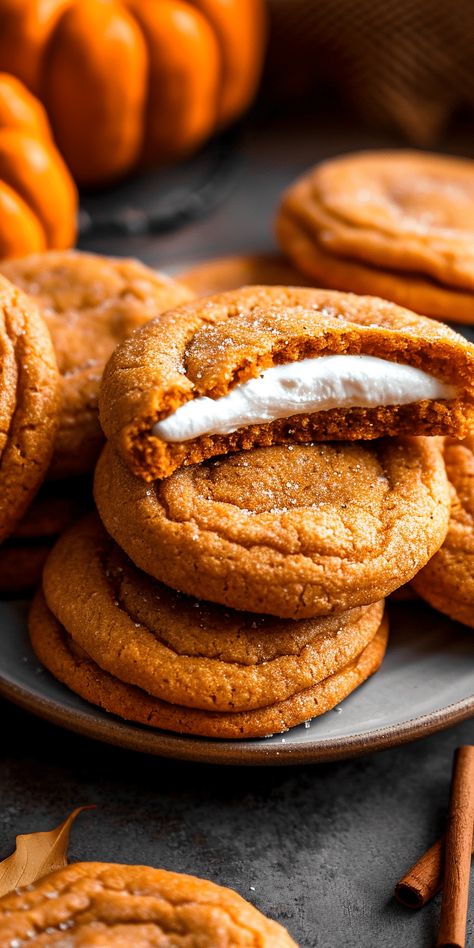 Pumpkin Cheesecake Cookies [45 Minutes] – Chasety Fall Food Pictures, Autumn Cookies Aesthetic, Aesthetic Desserts Recipes, Autumn Brunch Recipes, Pumpkin Cheesecake Cookies, Autumn Cookies, Pumpkin Cream Cheese Pie, Fall Baking Recipes, Pumpkin Soup Recipe