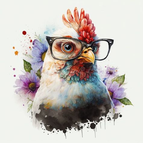 Watercolor Chicken, Floral Frames, Whimsical Watercolor, Pop Color, Lunch Room, Chicken Art, Stylish Glasses, Vector Clipart, Flower Art