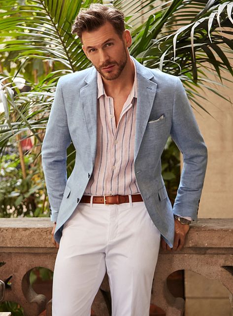 Miami Chic Outfit Men, Mens Summer Formal Outfits, Men’s Summer Blazer, Casual Cocktail Attire Men Summer, Summer Gala Outfit Men, Mens Summer Suits Wedding, Summer Blazer Outfits Men, Coastal Mens Fashion, Mens Summer Cocktail Attire