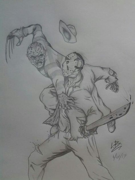 Freddy VS Jason Drawing. Freddy Vs Jason Art, Freddy Vs Jason Drawing, Jason Voorhees Sketch, Hallowen Draws Ideas, Horror Artwork Drawings, Freddy Vs Jason Tattoo, Freddy Krueger Drawing, Jason Drawing, Sticker Sketch