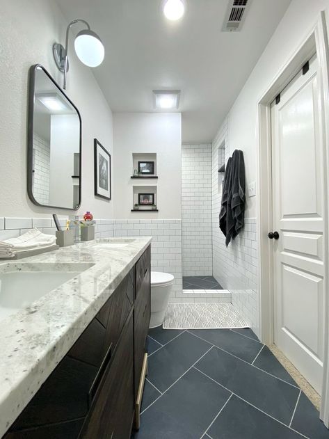 Shop this Pinterest from @TileBar Black Floor Tile Bathroom, Black Floor Tiles, Cleaning Tile Floors, Matte Porcelain Tile, Recessed Medicine Cabinet, Bathroom Organization Diy, Bathroom Remodels, Custom Bathroom, Stone Look Tile