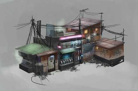 dystopia bar concept art - Google Search Zombie Apocalypse House, Apocalypse House, Game Art Design, Cyberpunk House, Cyberpunk Building, Fallout 4 Settlement Ideas, Final Major Project, Shelter Ideas, Shanty Town