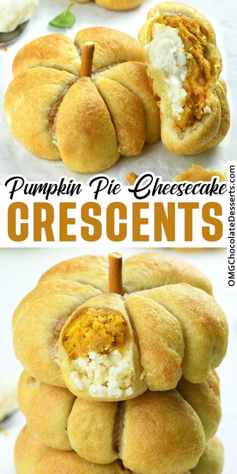 These mini pumpkins are made with crescent rolls and sweet and smooth cream cheese filling. I used pumpkin puree and add cinnamon, nutmeg, cloves, and all-spice mixed. via @https://www.pinterest.com/omgchocodessets/ Crescent Pumpkins With Cream Cheese, Cream Cheese And Pumpkin, Thanksgiving Lunch, Thanksgiving Appetizer, Cream Cheese Crescent Rolls, Pumpkin Pie Cheesecake, Cake Rolls, Cheese Pumpkin, Crescent Roll Recipes