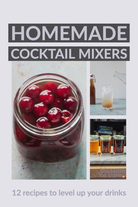 Homemade Cocktail Mixers. 12 recipes for cocktail mixers from simple syrup, to ginger ale, to tonic, to brandied cherries. Homemade Sour Mix, Homemade Ginger Ale, Unique Cocktail Recipes, Tonic Syrup, Homemade Cocktails, Make Simple Syrup, Homemade Syrup, Fruity Drinks, Cocktail Mixers