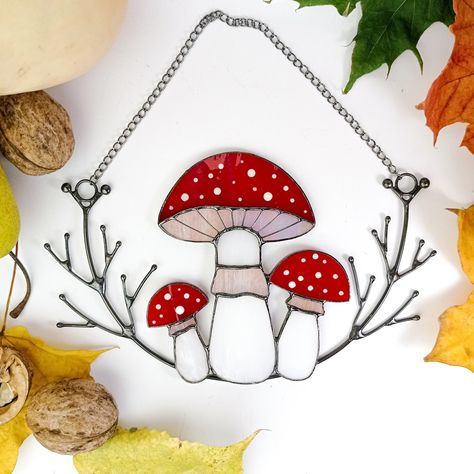 Custom Stained Glass, Stained Glass Decor, Stained Glass Window Hanging, Stained Glass Christmas, Glass Mushrooms, Cottagecore Decor, Mushroom Decor, Stained Glass Crafts, Stained Glass Patterns