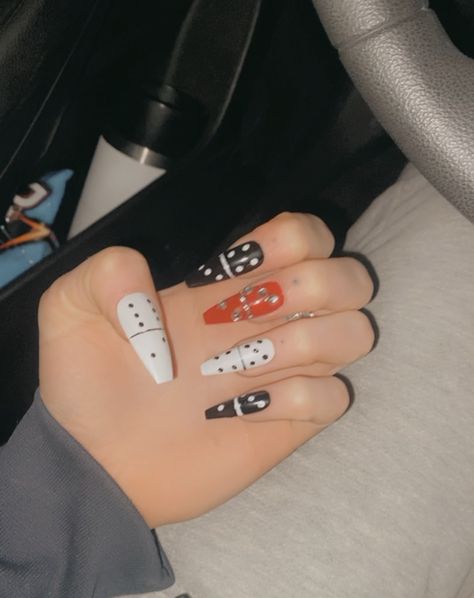 Coffin red black and white domino nails with gems Domino Nails, Nails With Gems, Best Acrylic Nails, Makeup Nails, Acrylic Nails, Hair Makeup, Black And Red, Nail Art, Gems