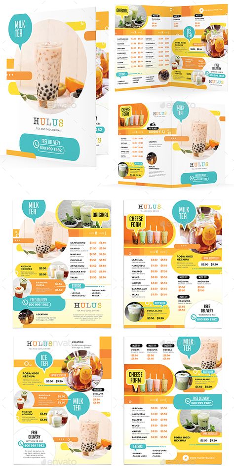 Bubble Tea Menu Template PSD, InDesign INDD Milktea Menu Design, Bubble Tea Menu Design, Milk Tea Menu, Bubble Tea Menu, Soft Drinks Recipes, Cafe Business, Food Menu Template, Menu Printing, Tea Cafe