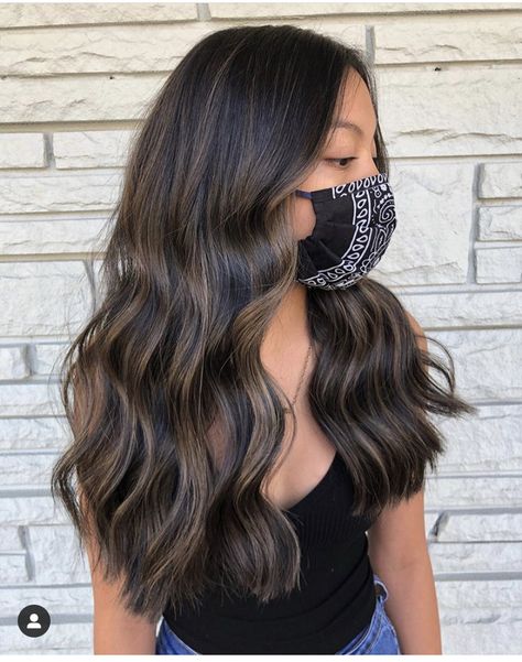 Balayage Hair Black Hair Straight, Dark Hair Ideas With Money Piece, Balayage And Babylights On Dark Hair, Babylights In Black Hair, Black Hair Died Ideas, Non Bleach Balayage Black Hair, All Over Balayage, Dark Hair On Bottom Light On Top, Straight Dark Balayage