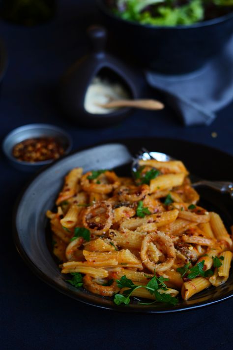 Penne with Chilli Squid in a Roasted Tomato Sauce – The Spice Adventuress Chilli Squid, Tomato Vodka Sauce, Squid Rings, Roasted Tomato Sauce, Vodka Sauce, Roasted Tomato, Chilli Sauce, Chilli Flakes, Without Borders