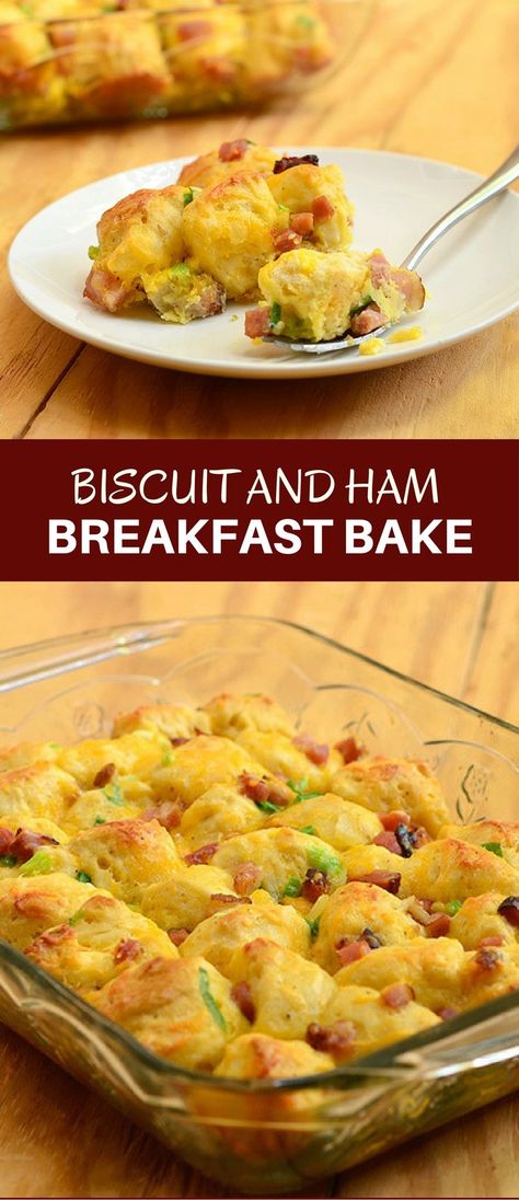 Biscuit and Ham Breakfast Bake with diced ham, tender biscuits, eggs, and cheese is a hearty casserole perfect for breakfast or brunch. Can be made ahead for busy work days! Eggs And Cheese, Ham Breakfast, Hearty Casseroles, Best Breakfast Recipes, Breakfast Bake, Breakfast Brunch Recipes, Onion Rings, Breakfast Casserole, Egg Recipes