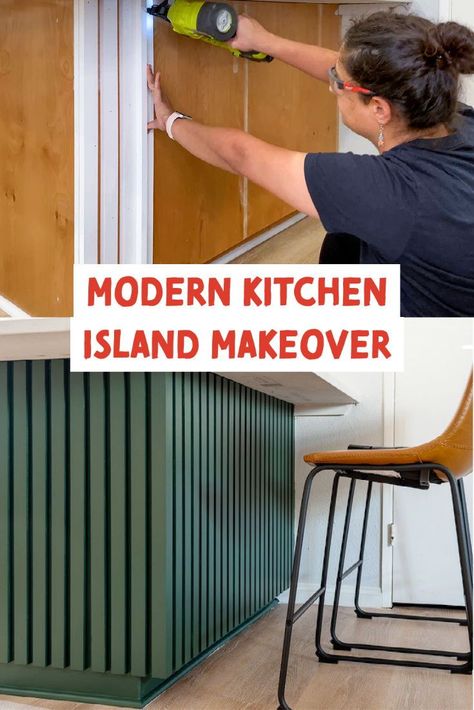 How to trim a kitchen island for a modern look. Easy DIY Wood slat kitchen island makeover. Wood Slat Kitchen Island, Wood Slat Kitchen, Kitchen Island Panels, Kitchen Island Trim, Island Makeover, Kitchen Island Makeover, Natural Wood Kitchen, Kitchen Peninsula, Diy Kitchen Projects