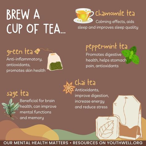 Take a moment to unwind and recharge with a soothing cup of tea. Discover the mental health benefits of different teas, from calming chamomile to invigorating chai. Your mental health matters! 🫖 🌷 #youthwell #santabarbara #santabarbaracounty #ourmentalhealthmatters #mentalhealthawareness #selfcaresunday #wellnessteas Different Teas, Sage Tea, Peppermint Tea, Chamomile Tea, Improve Sleep Quality, Improve Digestion, Mental Health Matters, Health Matters, Cup Of Tea