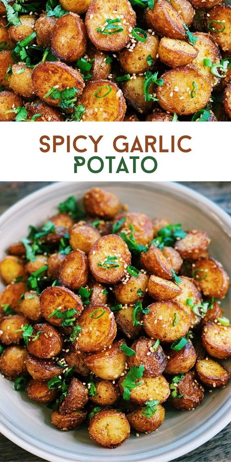 Crispy Spicy Potatoes, Asian Inspired Potatoes, Spicy Garlic Potatoes, Asian Potato Recipes, Asian Potatoes, Garlic Potatoes Recipe, Spicy Potatoes, Tiffy Cooks, Recipe For Two