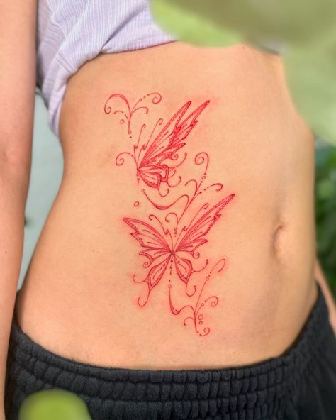 Butterfly decor for Tristen ❣️ - - - - #butterflytattoo #waisttattoo #finelinetattoo #tattoostyle #redtattoo #butterflytattoodesign #torontotattoo #sftattoo #latattoo #daintytattoo #sidetattoo Butterfly Tattoo Rib Cage, Tattoo Rib Cage, Red Butterfly Tattoo, Kelly Chen, Tattoo Rib, Waist Tattoos, La Tattoo, Ribcage Tattoo, Butterfly Decor