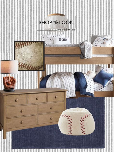 Check out this latest youth boy bedroom inspo! Navy blue & gray palette sets the vibe. Weathered ball art adds character, paired with a baseball bean bag chair & mitt table lamp. Bunk bed for space & style. Creating the perfect transition room for your not-so-little guy! Follow my shop @OliveHillandVine on the @shop.LTK app to shop this post! Blue Gray Palette, Kids Sports Bedroom, Boys Baseball Bedroom, Bunk Bedroom, Room With Bunk Beds, Sports Room Boys, Big Kid Bedroom, Gray Palette, Baseball Bedroom