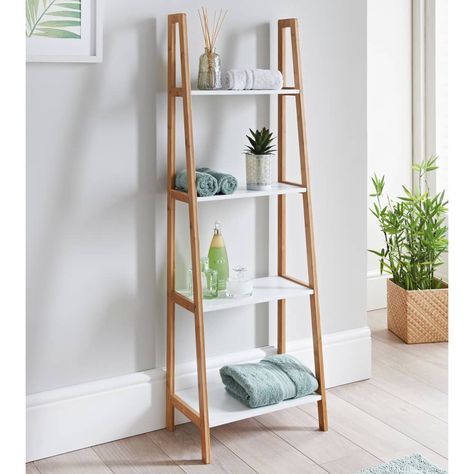 Ladder Shelf Decor Bedroom, Wooden Furniture Living Room, Ladder Shelf Decor, Bathroom Display, Narrow Bookcase, Shelf Decor Bedroom, Free Standing Shelves, Wood Shelving Units, New House Bathroom