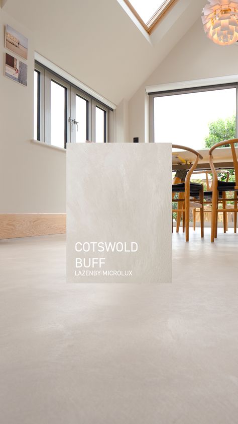 Pawfect for all the family 🐾 With two cats and two dogs, a low-maintenance and stain-resistant floor was non-negotiable. Significant depth issues meant that installation of polished concrete was impossible without removing the entire floor. Such restrictions are common in refurb projects so we introduced our clients to Lazenby MicroLux. The rich and creamy tones of Cotswold Buff exude a sense of peace, calm and tranquility. The result is a seamless floor and an effortlessly serene interior. Lazenby Polished Concrete, Concrete Floor Colors, Polished Concrete Floor Kitchen, Concrete Floor Kitchen, Light Concrete Floors, Serene Interior, Concrete Office, Cement Flooring, Polished Concrete Floor