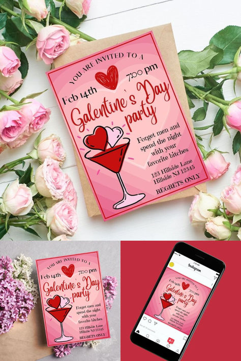 Galentines Day Invitation Template - Party - Editable in Canva - Social Media Post Galentines Party Invitation, Galentines Invitation Template, Galentines Invitation, Kitty Party Games, Pj Party, Birthday Dinner Party, Galentines Party, Instagram Party, Galentines Day