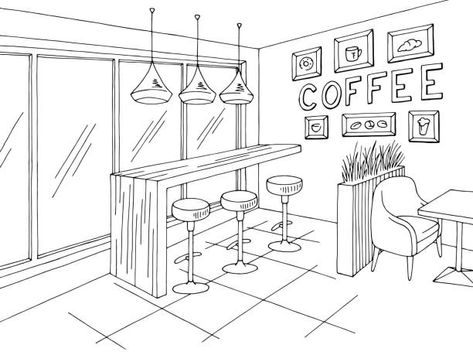 Drawing Room Concept, Room Perspective Drawing, Cafe Plan, Interior Design Basics, Interior Design Sketchbook, Drawing Furniture, Room Concept, Design Cafe, Coffee Shop Interior Design