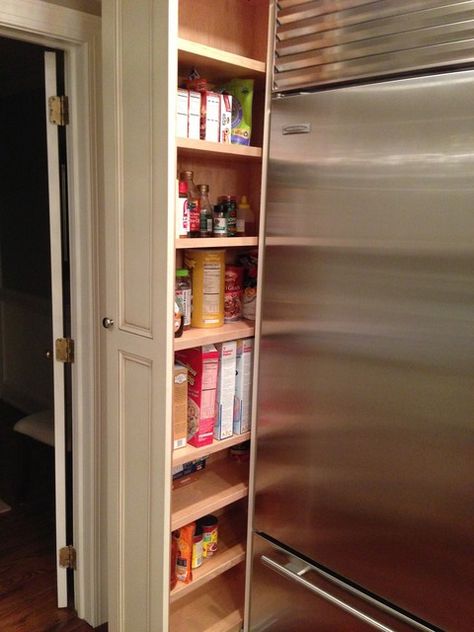 Thoughts on Pantry Pull-Out Cabinets - Kitchens Forum - GardenWeb Pull Out Cabinet Next To Refrigerator, Narrow Pantry Next To Refrigerator, Pull Out Fridge Cabinet, Pantry Pullout, Traditional Pantry, Pullout Cabinet, Narrow Cabinet Kitchen, Pull Out Pantry Shelves, Narrow Pantry