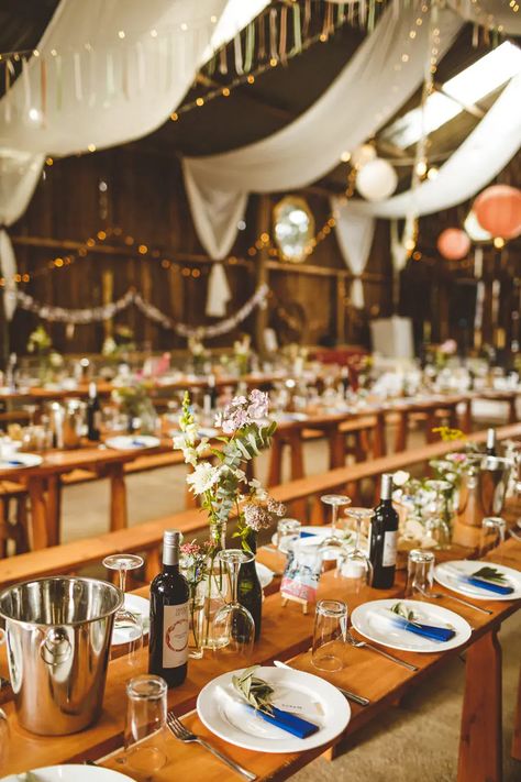 Daisy By Halfpenny London For A Boho Barn Wedding In Yorkshire With Decor By Wild At Heart Weddings Images By Photography 34 Wooden Trestle Table Wedding, Trestle Table Decor, Trestle Tables Wedding, Wedding Trestle Tables, Trestle Table Wedding, Wooden Trestle Table, Boho Barn Wedding, Bud Vases Wedding, Flower Styling