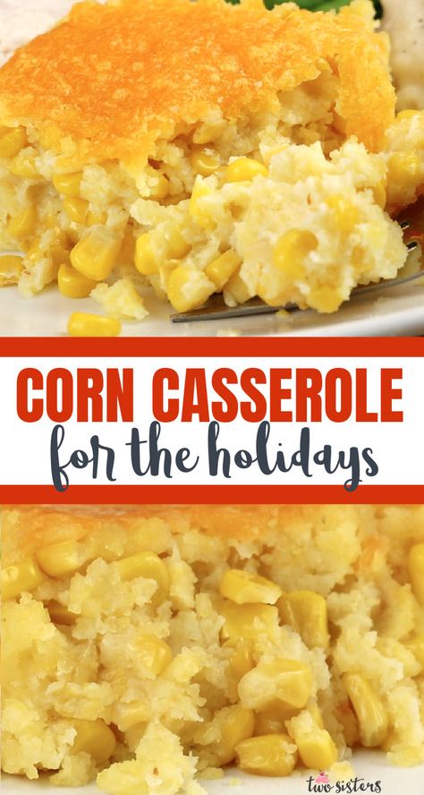 Our Corn Casserole recipe is a family favorite side dish recipe - this sweet-savory, corn bread "like" dish is super delicious and very easy to make. It will be one of your family's favorite Holiday Foods on Easter, Thanksgiving, Christmas or just a random Sunday. Some people call it Corn Pudding, we call it the best Holiday side dish we've ever made. Pin this yummy side dish for later and follow us for more Thanksgiving Food Ideas. #ThanksgivingDinner #CornPudding #CornCasserole #SideDish #Cor Christmas Dinner Side Dishes Corn, Ham Side Dishes Easy, Side Dish For Christmas Party, Cornbread Side Dish, Thanksgiving Carrots, Thanksgiving Food Ideas, Savory Cornbread, Corn Recipes Side Dishes, Casserole Side Dishes