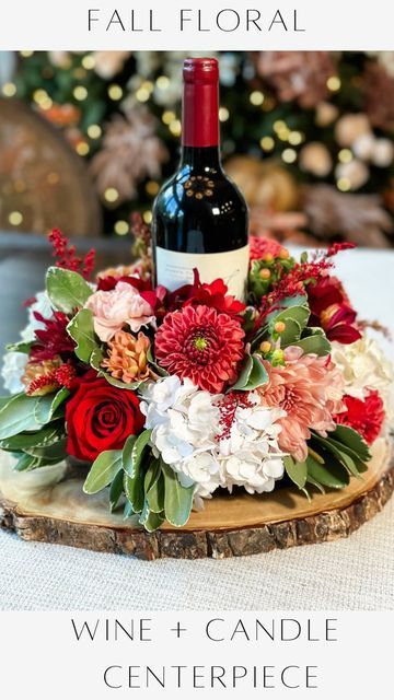 Wine Centerpiece, Janine Graff, Wine Bottle Flowers, Wine Candle, Fall Floral Centerpieces, Wine Bottle Centerpieces, Bottle Centerpieces, Candle Centerpiece, Tafel Decor