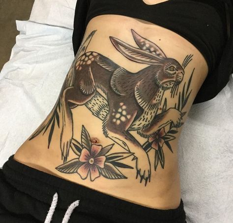 Traditional Tattoo Rabbit, Chickadee Tattoo, Old Style Tattoos, Stomach Tattoo, Torso Tattoos, Prison Tattoos, Bunny Tattoos, Rabbit Tattoos, Stomach Tattoos