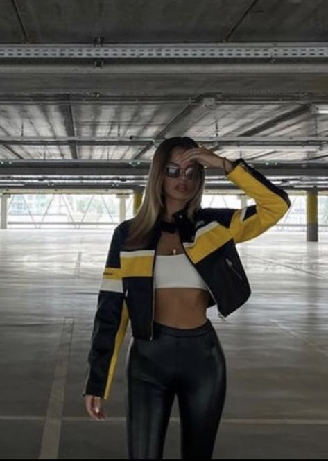 Follow for more outfit inspo 🤍 Car Racing Outfit For Women, Race Car Jacket Outfit, Racer Jacket Outfit Women, Race Car Outfit, Racer Jacket Outfit, Nascar Outfit, Biker Jacket Outfit, Women Photoshoot, Week Outfits