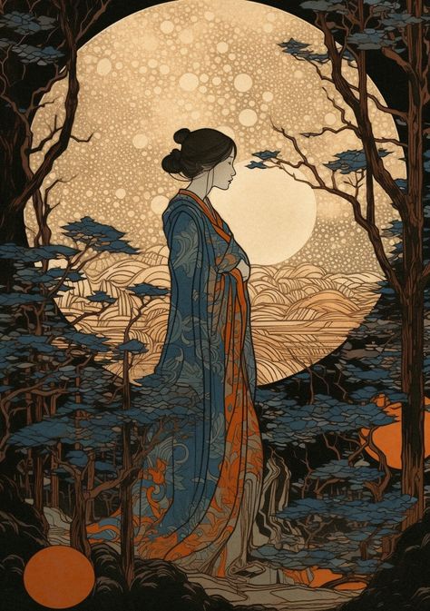 Fairytale Artwork, Classical Japanese Art, Beautiful Illustration, East Asian Art, Asian Fantasy Art, Orientalism Art, Japanese Mythology Aesthetic, Japanese Art Style, Old Japanese Art