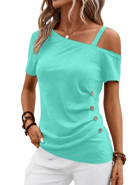 PRICES MAY VARY. Sexy Cold Shoulder Top: Stretchy and soft fabric, comfortable, lightweight, breathable and skin-friendly; Women Boat Neck Shirts: Summer tops for women, ruched button side tees, casual one shoulder blouses; Feature: Boat neckline, short sleeve, ruched front, button side, solid color, loose fitting, trendy going out tops; Occasions: Womens off the shoulder shirts, perfect for daily wear, date night, traveling or holiday, great to match with shorts, skirts, pants, legging or jeans Daily Wear Tops For Women, Womens Holiday Tops, Top Pattern Sewing, Boat Neck Shirt, Date Night Fashion, Asymmetrical Shirt, Off Shoulder Shirt, Asymmetrical Blouse, Shirts Short Sleeve