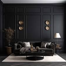 black walls in bedrooms wainscoting ideas - Google Search Charcoal Media Wall, Dark Grey Panelling Living Room, Dark Grey Wainscoting, Dark Panelling Living Room, Black Sitting Room, Wainscoting Ideas Living Room, Big Art Wall, Cottage Basement, Wainscoting Ideas