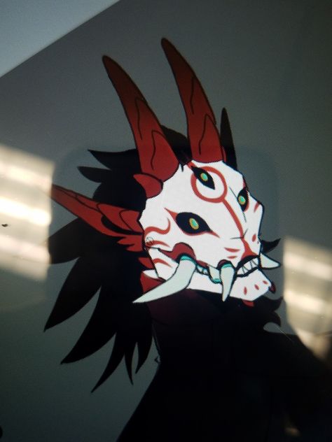 One Horned Oni, Oni Mask Concept Art, Demon Ideas Drawing, Masked Creature Art, Kitsune Monster Art, Oni Horns Reference, Owl Demon Art, Oni Teeth Reference, Demon Horn Designs