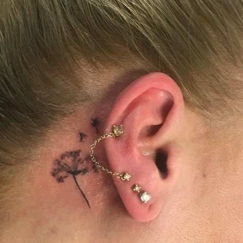 Dandelion Neck Tattoo, Behind The Ear Dandelion Tattoo, Dandelion Behind Ear Tattoo, Dandelion Wish Tattoo, Dandelion Tattoo Behind Ear, Whatever Will Be Will Be, Dandelion Tattoo Design, Abstract Tattoo Ideas, Behind Ear Tattoos