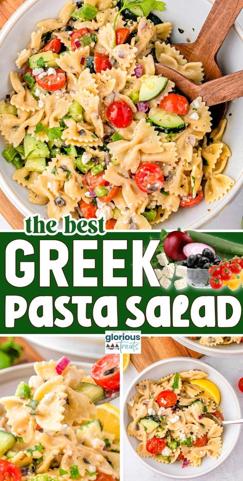 This easy Greek Pasta Salad brings the vibrant flavors of the Mediterranean right to your table! Packed with fresh summer vegetables, pasta, olives, feta, and a tangy dressing, this salad makes the perfect light lunch or refreshing side dish! | GloriousTreats.com Greek Pasta Salad Dressing, Pasta Olives, Easy Greek Pasta Salad, Special Salad, Mediterranean Pasta Salad, Greek Pasta Salad Recipe, Feta Pasta Salad, Vegetables Pasta, Greek Pasta Salad