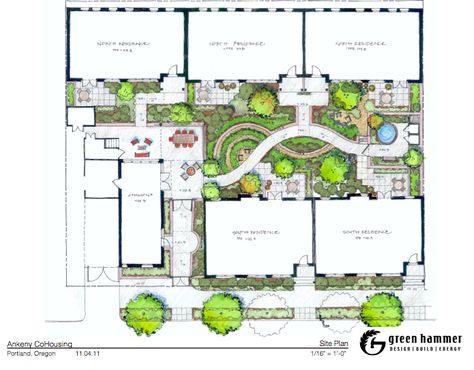 Ankeny Row includes six craftsman-style townhomes, a shared common building and a garden and courtyard. The urban infill development includes a second-story two-bedroom condo, two street-facing thr… Garden Site Development Plan, Compound Family House, Apartment Building With Courtyard, Courtyard Cluster Homes, Multi House Family Compound Layout, Multi Housing Architecture, Pocket Neighborhood Layout, Pocket Neighborhood Site Plan, Friend Compound