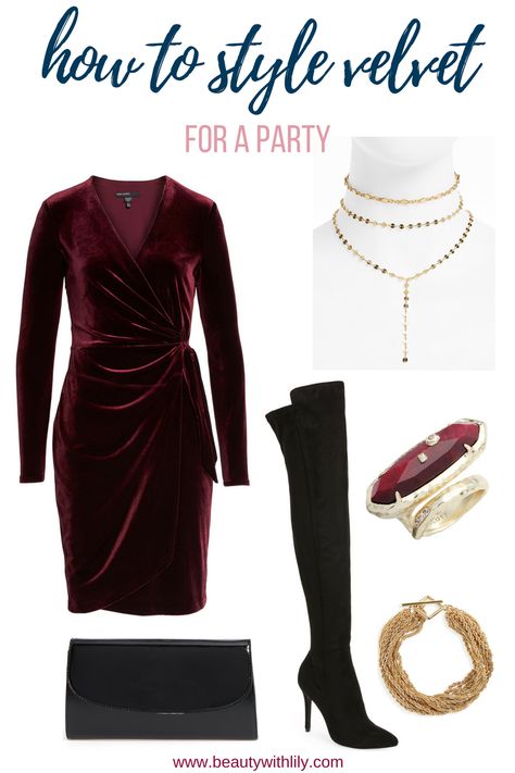 How To Style | Velvet Clothing - Beauty With Lily Velvet Dress Outfit Winter, Velvet Dress With Boots, Red Velvet Dress Short, Velvet Dresses Outfit, Velvet Clothing, Dress Shorts Outfit, Womens Business Attire, Work Dresses Outfits, Velvet Dress Short