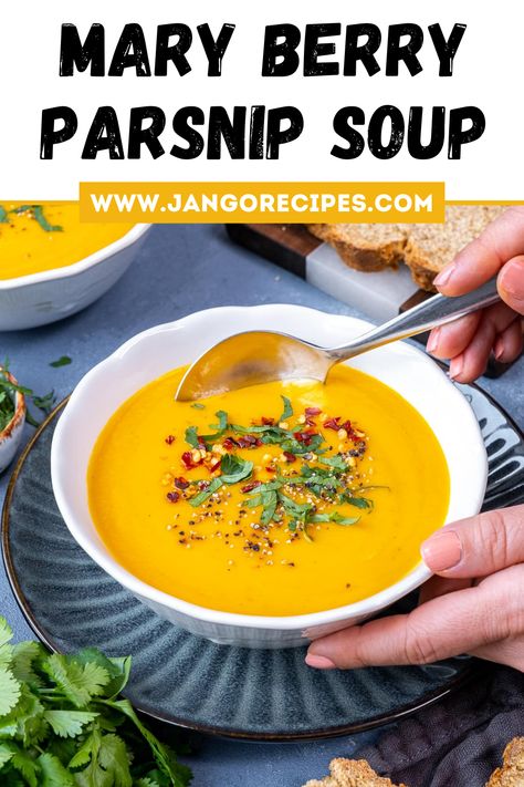 Looking for a warm and cozy hug in a bowl? Meet Mary Berry Parsnip Soup Recipe! Curried Parsnip Soup Recipe, Spicy Parsnip Soup Recipes, Parsnip Soup Recipes, Spicy Parsnip Soup, Curried Parsnip Soup, Chilli Soup, Carrot And Coriander Soup, Parsnip Recipes, Soup Maker Recipes