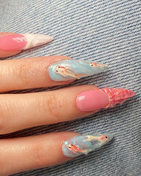 Koi fish inspired nails 🌅🫧🐠🧡 #koifishnails #nails #nailsnailsnails #nailsofinstagram #nailart Cute Polygel Nail Ideas, Koi Fish Nail Design, Fish Inspired Nails, Koi Fish Nails, Aquarium Nails, Fish Nails, Beach Nail Art, Beach Nail, Nail Appointment