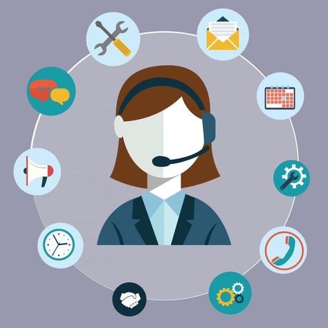 An illustration of a professional who has an administrative certification, surrounding by icons representing her many skills Customer Service Management, Account Recovery, Best Essay Writing Service, Customer Service Representative, Quickbooks Online, Ps4 Controller, Blue Screen, Good Essay, Disney Plus