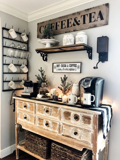 Spanish Style Coffee Bar, Hot Drink Station Kitchens, Western Coffee Bar Ideas, Winter Coffee Bar Ideas, Coffee Bars In Kitchen Farmhouse Style, Coffee Buffet Station, Coffee And Cocktail Bar Ideas, Coffee Tea Cocoa Bar, Antique Coffee Bar