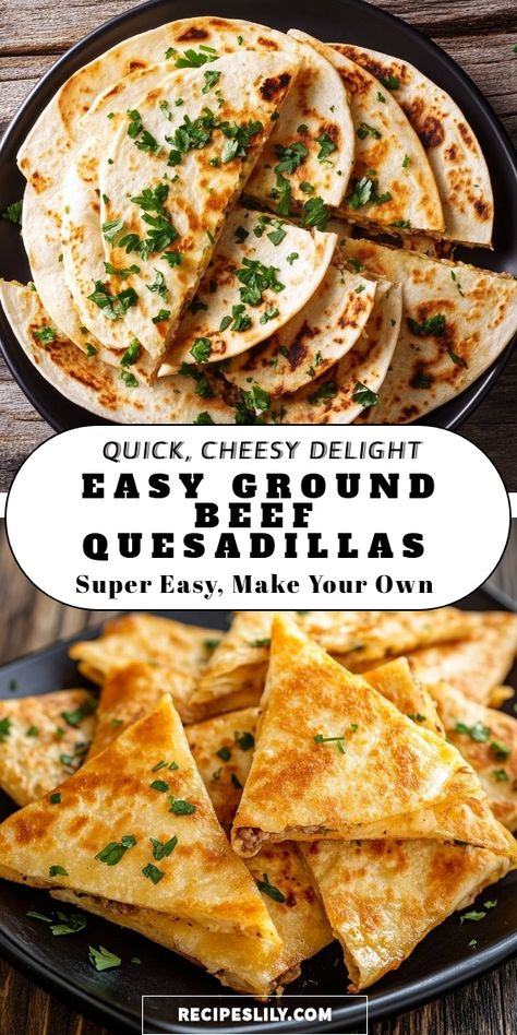 I love making these Easy Ground Beef Quesadillas when I'm short on time but craving something delicious! They're packed with cheesy goodness and can be customized with your favorite toppings. Perfect for a quick meal or snack! Healthy Ground Beef Quesadillas, Aldi Ground Beef Recipes, Easy Dinner Recipes With Ground Beef Picky Eaters, Ground Beef Dinners For Two, Quasadias Easy Recipes Beef, Ground Beef Quick Recipes, Ground Beef Snacks, Quisidillaa Recipe, Toddler Ground Beef Recipes