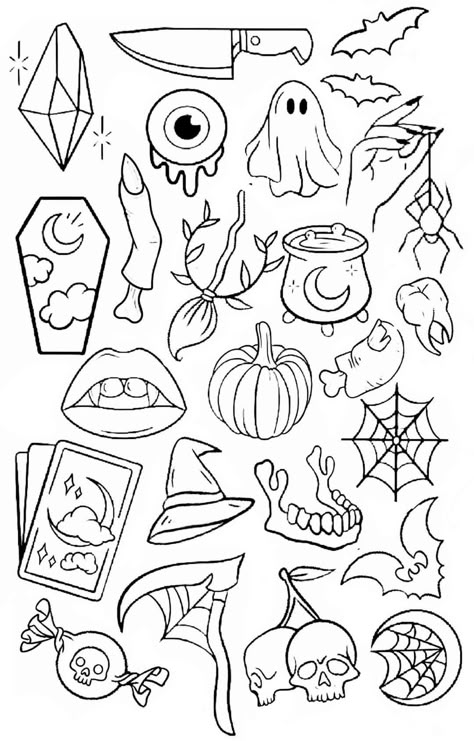 Simple Starter Tattoo Designs, Tattoo Ideas Female Spooky, Witchy Tattoo Ideas Small Easy, Gothic Line Tattoo, Halloween Flash Tattoo Simple, Easy Spooky Doodles, Scary Flash Tattoo, Spooky Fine Line Tattoos, Easy Goth Tattoos